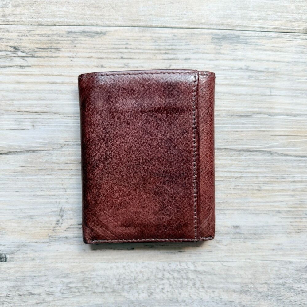 Vintage Brown Top Grain Leather Trifold Wallet Rustic Minimalist ID Card Holder